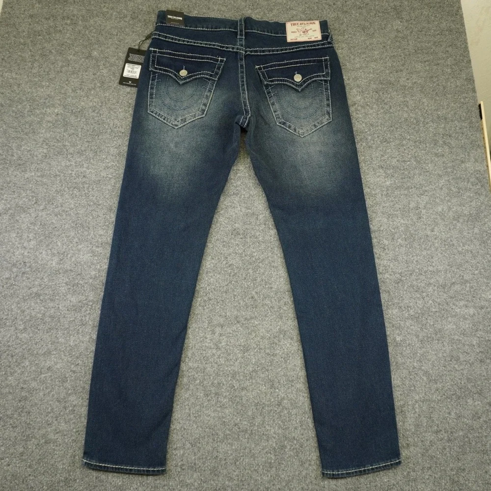 NEW True Religion Rocco Big T Flap Jeans Mens 33x32 Blue Dark Wash Skinny